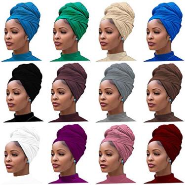 Imagem de 12 peças de lenço de cabeça elástico turbante jersey extra longo ultra macio urbano bandanas para mulheres cor sólida tiara africana gravata (12 cores)