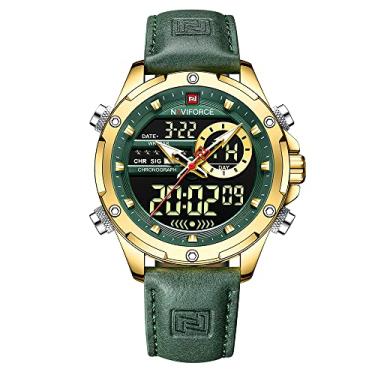 Imagem de NAVIFORCE Relógio masculino militar multifuncional esportivo à prova d'água digital analógico de quartzo cronógrafo para homens, Dourado, verde, esporte