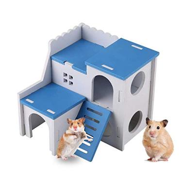 Imagem de WishLotus Casa de Hamster de Madeira, Casa de Hamster com Escada Engraçada de Escalada Brinquedos de Exercício Luxuosos Duas Camadas para Hamster Anão, Chinchila, Rato, Gerbilo, Mouse (Azul)