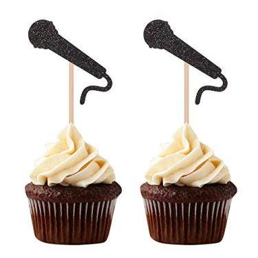Imagem de Palitos de aperitivo de festa com tema de anfitrião para cupcake de microfone Black Glittery - 24 unidades