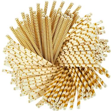 Imagem de Pacote com 100 canudos dourados Weyoo, canudos de papel biodegradáveis, listras metálicas de alumínio/onda/coração/estrelas para artigos de festa, aniversário, casamento, decoração de chá de bebê e comemoração de Natal