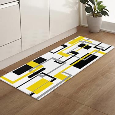 Imagem de Tapete de corredor, padrão geométrico moderno abstrato meio século, quadrado amarelo, preto, antiderrapante, corredor, tapete, porta tapetes, tapete baixo para entrada, cozinha, lavanderia, quarto, 45 x 18 cm