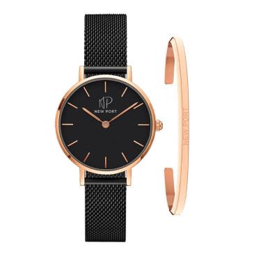 Imagem de Relógio Feminino Minimalista Preto Ultrafino Elegante + Bracelete Casual New Port Banha...