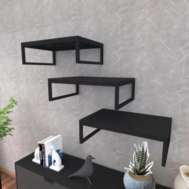 Imagem de Prateleira Industrial Suspensa Estante Parede Nicho Preto Ferro E Madeira Suporte Pratileira