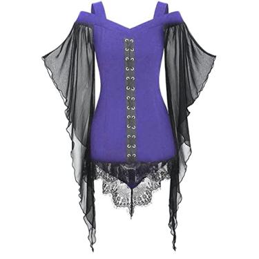 Imagem de FEOYA Vestido feminino gótico tomara que caia com bainha de renda retalhos vestido feminino vintage steampunk renascentista bandagem vestidos manga borboleta blusas blusas roupas cosplay fantasia