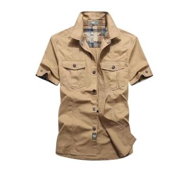 Imagem de Hbufnha Camisa masculina casual camisa de negócios com botão secagem rápida trabalho caminhoneiro camisa xadrez, 13 cáqui, M