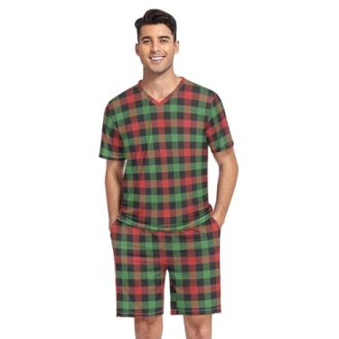 Imagem de KLL Conjunto de pijama masculino xadrez vermelho e verde de Natal, conjunto de pijama com gola V, Xadrez de Natal, Large