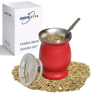 Imagem de Beruth Bombilla Yerba Mate Gourd, conjunto de chávenas de chá de aço inoxidável 227 g com tampa multifuncional, dois canudos e escovas de limpeza, caneca de café de parede dupla isolamento térmico