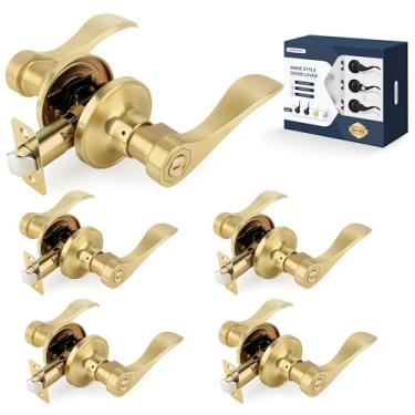 Imagem de LOQRON Maçaneta de porta estilo onda de privacidade, pacote com 5 maçanetas interiores sem chave reversíveis para canhoto/direito para quarto, banheiro, sala de estar com acabamento em latão acetinado