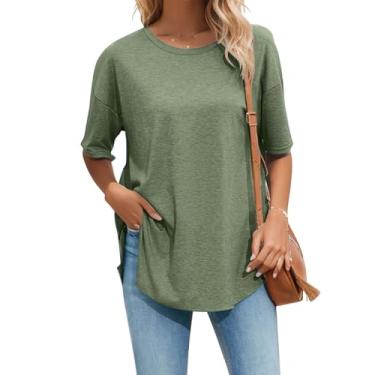 Imagem de Halife Camisetas femininas grandes de verão, gola redonda, manga curta, bainha curvada, básica, casual, solta, túnica, 02 - Verde militar, M