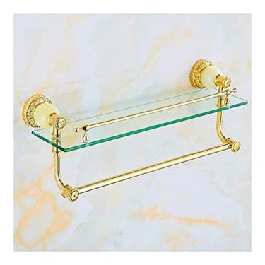 Imagem de ANNBKA Prateleiras de chuveiro prateleira de vidro dourado, rack de banheiro com jade, prateleira cosmética de vidro de latão dourado, prateleira de canto para banheiro suporte de chuveiro (cor: pedra