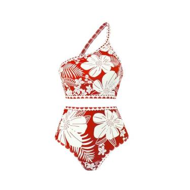 Imagem de LEZOOEY Maiô feminino de 3 peças, biquíni sexy de um ombro só com cintura alta e saída de praia meia longa, Biquíni vermelho, G