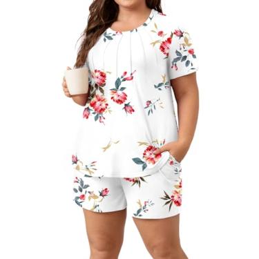Imagem de Anyhold Conjunto de pijama feminino de 2 peças, manga curta, plus size, lounge, conjunto de pijama feminino com bolsos, Floral branco, 4X-Large