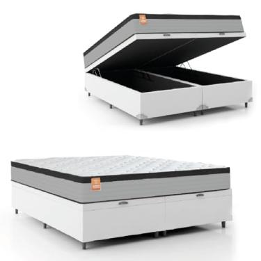 Imagem de Cama Box Baú Colchão Casal Queen Molas Ensacadas Real 158x198x68cm Linho Branco/Preto Inducol - Suporta até 130kg por Pessoa