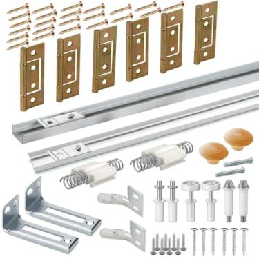 Imagem de Ferragens de porta bifold com trilha, kit de ferramentas de reparo de ferragens de porta de armário de duas dobras, rodas guia superior incluídas, pivô superior, pivô inferior, mola, pino de pivô de