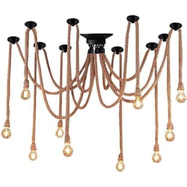 Imagem de Luz pendente linear retrô industrial de 6 a 20 cabeças Lustre de corda de cânhamo Retro E27 Pingente de teto Luzes de teto de metal de ferro industrial para bar loja de roupas Café-, corda d