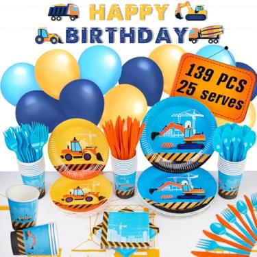 Imagem de Conjunto de artigos de festa de aniversário de construção | Decorações de transporte de caminhão basculante carro trator para bebês meninos e crianças – Copos pratos placas placas guardanapos toalha