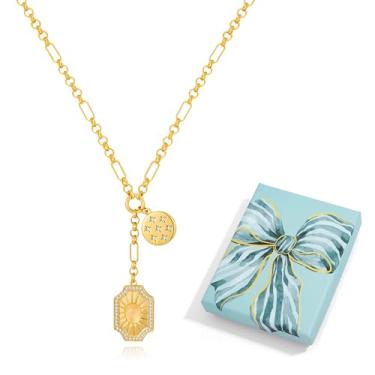 Imagem de LILIE&WHITE Colar de ouro feminino geométrico com pingente de sol com strass branco, corrente de ouro, colar de elos, joia requintada, Latão, Sem Pedra Preciosa