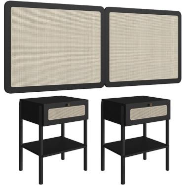 Imagem de Cabeceira Casal Queen 160cm e 2 Mesas Laterais 1 Gaveta Madeira Moss A03 Nero Preto- Lyam Decor