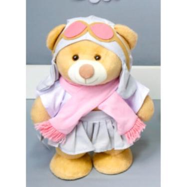 Imagem de URSO DE PELUCIA AVIADOR CLASSICO AMORE 60 CM PARA DECORAÇÃO (BRANCO CINZA E ROSA)