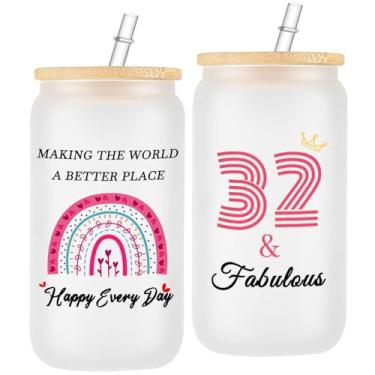 Imagem de ERYUWOZA Presentes de aniversário de 32 anos para mulheres, presente de decoração de 32 anos de 1992, presentes de aniversário de 32 anos para esposa, mãe, irmã, filha, amigas, copo de vidro fosco de