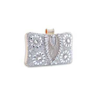 Imagem de CORIOS Bolsa feminina de strass para noite multicolorida, bolsa de mão de casamento de luxo de cristal com glitter, Prata, Large