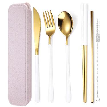 Imagem de AARainbow Conjunto de talheres de aço inoxidável de 6 peças, portátil, reutilizável, conjunto de talheres de viagem, incluindo hashis, faca, garfo, colher canudos, escova de limpeza, lavável na lava-louças (ouro branco)