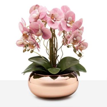 Imagem de Arranjo Orquídea Silicone 4 Hastes Vaso Espelhado Rosê Gold - Floralis