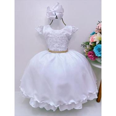 Imagem de Vestido infantil branco c/ renda cinto pérolas luxo damas - jeito de m