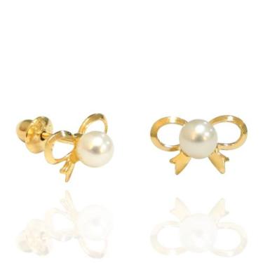 Imagem de Brinco Infantil Em Ouro 18k Laço Lacinho Com Pérola Natural - AGAPRIME