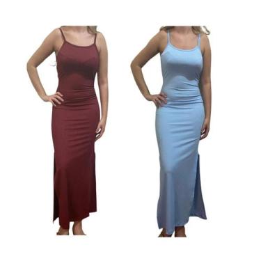 Imagem de Kit c/2 Vestidos Longo Canelado com Fenda - Empório J, Vinho, Azul bb,