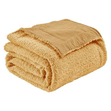 Imagem de Cobertor Queen EMME Reversível, de lã de algodão, musselina, 203 cm x 228 cm, bege, macio, manta quente para sofá-cama, piquenique, viagem, cama