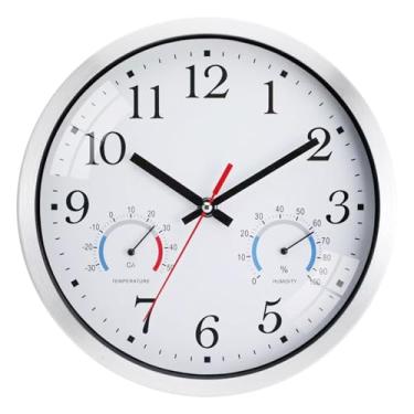 Imagem de Relógio de parede, relógio de parede de 25 cm operado por bateria com temperatura e umidade, silencioso, prata sem tique-taque, moldura de alumínio, relógios de parede Morden para sala de estar,