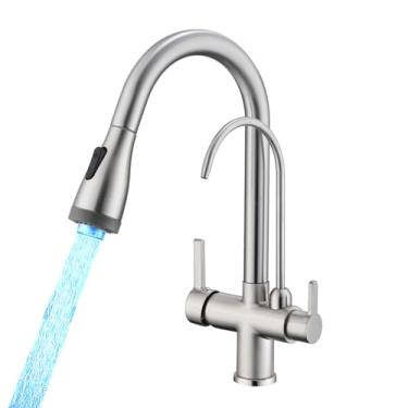 Imagem de ICREEH Torneira de pia de cozinha de 3 vias: 2 alças 3 em 1 estilo pull down com torneiras dedicadas de água potável e filtro de água luz LED, níquel escovado