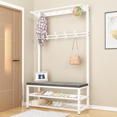 Imagem de Cabideiro, banco de sapato, organizador de armazenamento 3 em 1, árvore de entrada 3 em 1, organizador de suporte industrial com banco de sapatos com prateleira destacável árvore de revestimento fácil