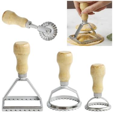Imagem de Cortador de carimbo de ravioli com conjunto de rolo, molde com cabo de madeira e borda canelada, acessório de cozinha para prensa de massa, conjunto de 4