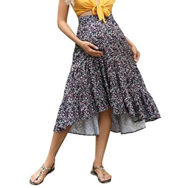 Imagem de FUNJULY Vestido de maternidade feminino cintura alta estampa floral plissada saia maxi casual rodada rodada saia longa preta roxa P