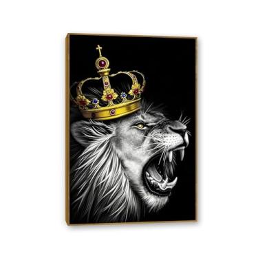 Imagem de SDYJ6GSW Quadro de pintura de parede preto e branco com cabeça de leão impressão em tela coroa animal imagem para decoração moderna de casa moldura teca 30 x 20 cm (12 x 8 pol.)