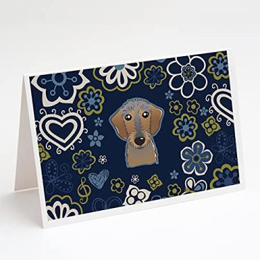 Imagem de Caroline's Treasures BB5084GCA7P Cartões de felicitações Dachshund com flores azuis e envelopes pacote com 8, 7 x 5, multicolorido
