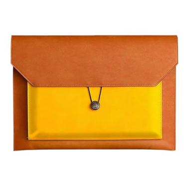 Imagem de Enyuwlcm Pasta de arquivo de couro PU A4, porta-documentos, carteira, envelope com 2 compartimentos, combinação marrom e laranja
