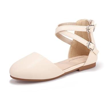 Imagem de Sandálias rasteiras de bailarina com alça no tornozelo e sapatilhas de balé Amanda Mary Jane da Pandaninjia para crianças e meninas, Beige Pu, 8 Toddler