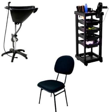 Imagem de kit salão preto carrinho + lavatório portátil + cadeira fixa - SANTA C