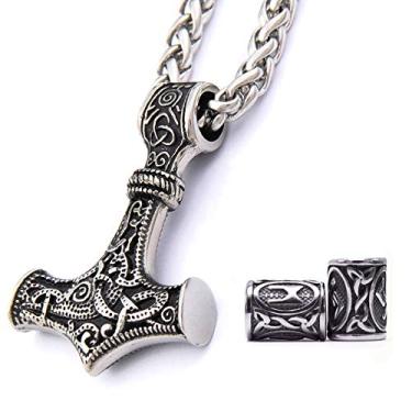 Imagem de Colar Mjolnir Nórdico Viking Mjolnir com pingente de martelo Thor da GUNGNEER, contas de barba de aço inoxidável 316L bônus 2