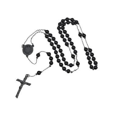 Imagem de ChainsHouse Colar católico de terço feminino, aço inoxidável/preto/banhado a ouro 14K com contas de pérolas de vidro (caixa de presente enviada), Aço inoxidável, Pérola sintética