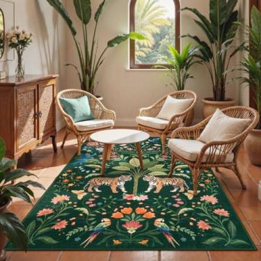 Imagem de Seavish Tapete de área da selva, 7,5 x 12,5 cm, verde escuro, lavável para entrada, tapetes de tigre selvagem para sala de estar, tapete pequeno para cozinha, chão, berçário, sala de jogos, varanda e