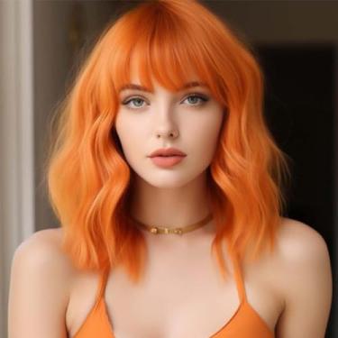 Imagem de andromeda Peruca Laranja Ondulada Com Franja, Peruca Curta E Macia Para Mulheres, Peruca Sintética Na Altura Dos Ombros, Para Fantasias De Halloween, Cosplay, Uso Diário (Laranja)