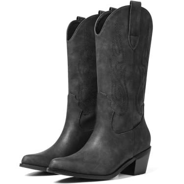 Imagem de AOSPHIRAYLIAN Botas de cowboy para mulheres, retrô, bico fino, sem fecho, salto grosso, glitter, brilhante, metálico, bordado, country, para concerto, botas de cowboy ocidentais, Preto fosco, 36