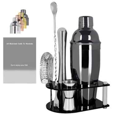 Imagem de KCJLHGT Kit De Coqueteleira E Barman: Conjunto 5 Utensílios Bar, Com Suporte, Misturador Bebidas, Inclui Para Martini, Coador, Dosador, Colher Misturar Socador (Preto, 750 Ml (25 Oz))
