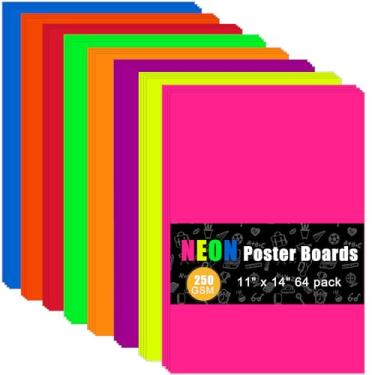 Imagem de Quadro de pôster, 28 x 35 cm, 64 folhas, papel neon de 8 cores, papel fluorescente, cartolina brilhante, 250 g/m2/40,8 kg, para apresentação de projetos de artesanato escolar, apresentação, desenho