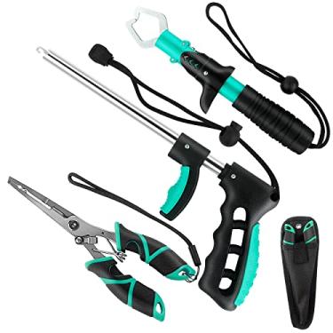 Imagem de Kit de ferramentas de pesca, alicates de aço inoxidável multifuncionais com cordão de bainha, pegador de lábios de peixe, removedor de gancho de pesca, conjunto de caixa de equipamentos de pesca para água doce salgada (verde brilhante)
